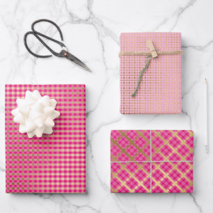 Rosa Gold Kariert Modernes Festival Geschenkpapier Set