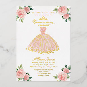 Rosa Gold Kleid Quinceanera Folieneinladung