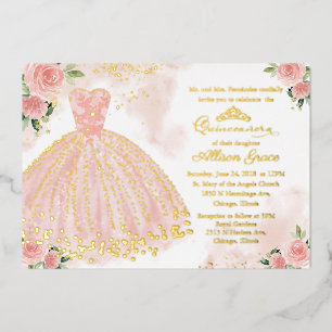 Rosa Gold Kleid Quinceanera Folieneinladung