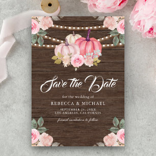 Rosa Gold-Kürbis-Blumen-Holz-Hochzeit Save The Date