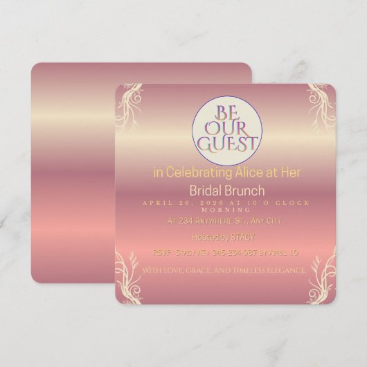 Rosa & Gold Laub Braut zu sein Einladung | Schick (Vorne/Hinten)