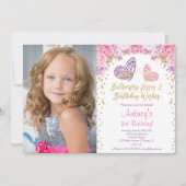Rosa Gold lila Schmetterling Foto Geburtstag Einladung (Vorderseite)