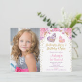 Rosa Gold lila Schmetterling Foto Geburtstag Einladung (Stehend Vorderseite)