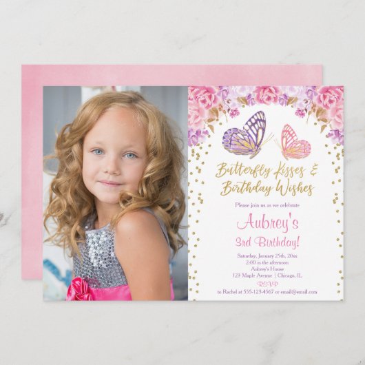Rosa Gold lila Schmetterling Foto Geburtstag Einladung (Vorne/Hinten)