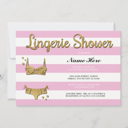 Rosa Gold Lingerie Duschstreifen Einladung (Vorderseite)