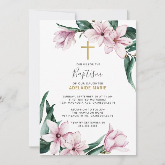 Rosa Gold Magnolia Blumentaufen Einladung (Vorderseite)