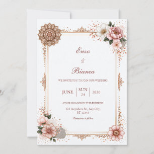 Rosa-Gold-Mandala-Blumenrand-Hochzeit Einladung