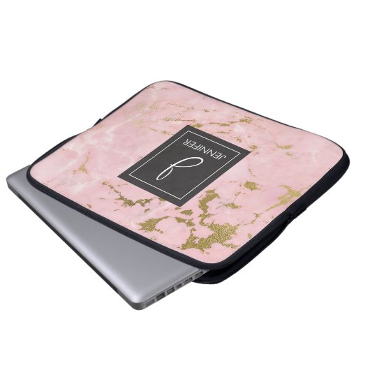 Rosa Gold Marmor Elegantes Monogramm Laptopschutzhülle (Vorne Knopf)