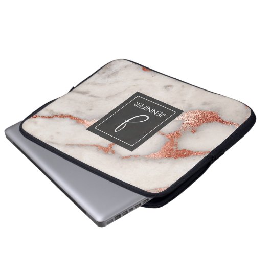 Rosa Gold Marmor Elegantes Monogramm Laptopschutzhülle (Vorne Knopf)