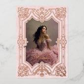 Rosa Gold Masquerade Foto Quinceanera Folieneinladung (Vorderseite)