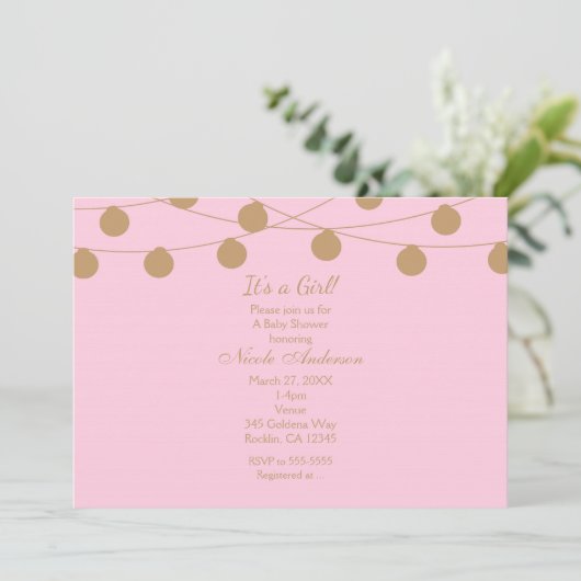 Rosa & Gold Moderne String Lights Chic Einladungen (Stehend Vorderseite)