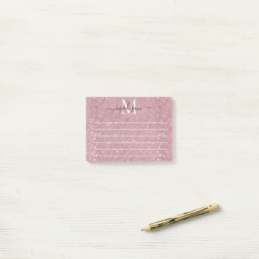 Rosa-Gold-Monogram-Script-Glitzer Post-it Klebezettel (Auf Schreibtisch)