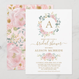 Rosa Gold Monogram Watercolor Blume Brautparty Einladung