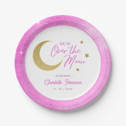 Rosa Gold Moon & Stars über der Mond Babydusche Pappteller (Vorderseite)
