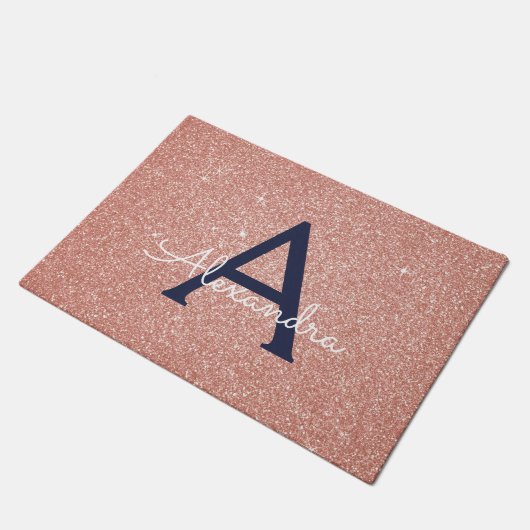 Rosa-Gold-Navy-Blauer-Sparkeil-Glitzer Monogram Fußmatte (Schrägansicht)