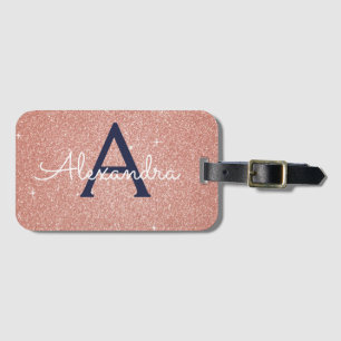 Rosa-Gold-Navy-Blauer-Sparkeil-Glitzer Monogram Gepäckanhänger