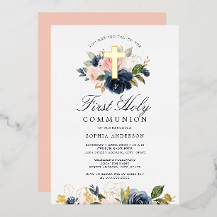 Rosa Gold Navy Blumen Mädchen Erste Kommunion Folieneinladung