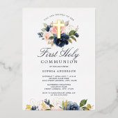 Rosa Gold Navy Blumenmädchen Erste Kommune Folieneinladung (Vorderseite)