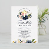 Rosa Gold Navy Blumenmädchen Erste Kommune Folieneinladung (Stehend vorne)