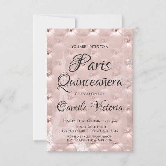 Rosa Gold Paris Quinceñera Celebration Einladung (Vorderseite)