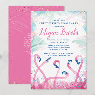 Rosa Gold Pool Party Tropischer Flamingo Geburtsta Einladung