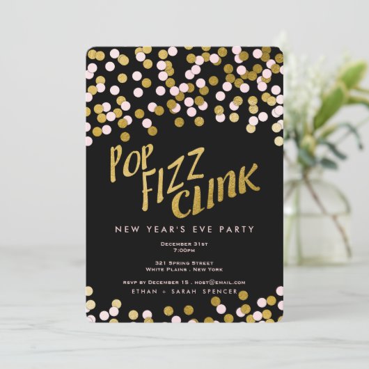 Rosa| Gold Pop Fizz Clink Neujahrsfest Einladung (Stehend Vorderseite)