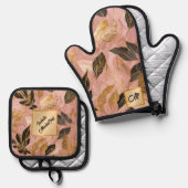 Rosa Gold Popular Boho Blätter Collection Ofenhandschuh & Topflappen-Set (Vorderseite/Rückseite)