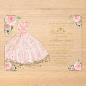 Rosa Gold Princess Dress Floral Quinceañera Acryleinladungen (Vorderseite)