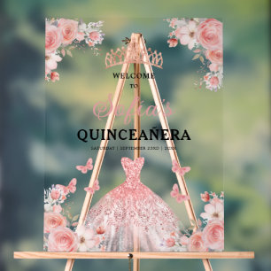Rosa Gold Prinzessin Quinceañera Willkommen Acrylschild