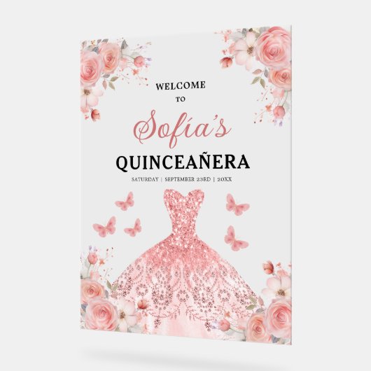 Rosa Gold Prinzessin Quinceañera Willkommen Acrylschild (Winkel)