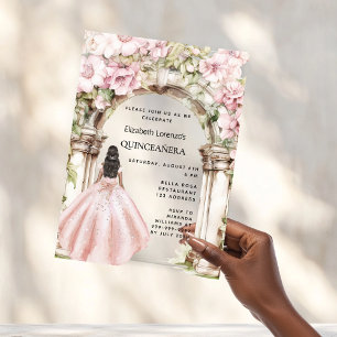 Rosa-Gold-Rosa-Blumen-Torbogen-Kleid Quinceanera Acryleinladungen