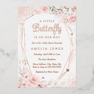 Rosa Gold Röte Pink Schmetterling Floral Baby Show Folieneinladung