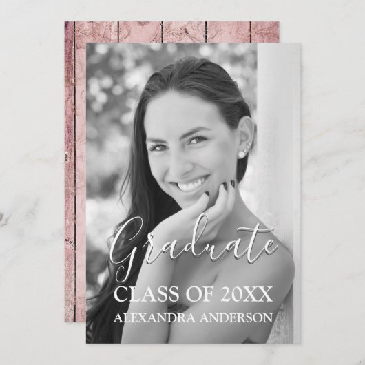 Rosa Gold Rustic Wood Graduation Party Einladung (Vorne/Hinten)