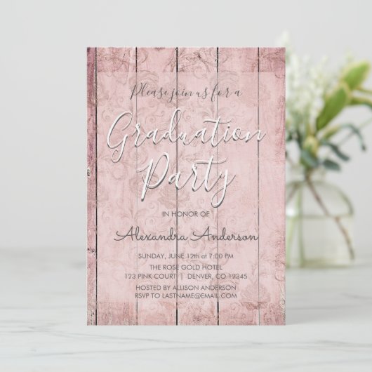 Rosa Gold Rustic Wood Graduation Party Einladung (Stehend Vorderseite)
