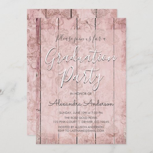 Rosa Gold Rustic Wood Graduation Party Einladung (Vorne/Hinten)