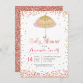 Rosa Gold Schirm Baby Dusche Einladung (Vorne/Hinten)