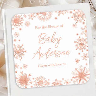 Rosa Gold Schneeflocken Baby Shower Exlibris Quadratischer Aufkleber