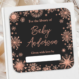 Rosa Gold Schneeflocken Baby Shower Exlibris Quadratischer Aufkleber