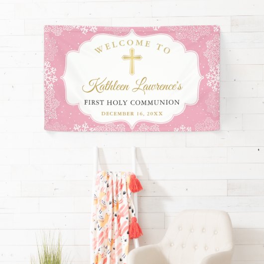 Rosa Gold Schneeflocken Winter Erste Kommunion Ban Banner (Insitu)