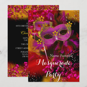 Rosa Gold Schwarz Florales Maskenball-Geburtstagsf Einladung