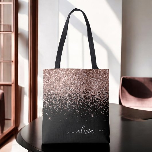 Rosa Gold Schwarz Glitzer Monogramm Name Tasche