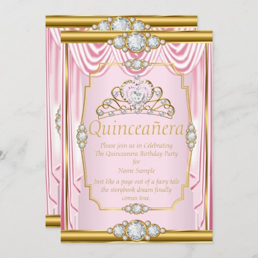 Rosa Gold Seidenprinzessin Quinceanera Blush Einla Einladung (Vorne/Hinten)