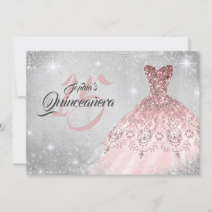 Rosa Gold Silber Spitze Diamant Kleid Quinceanera Einladung