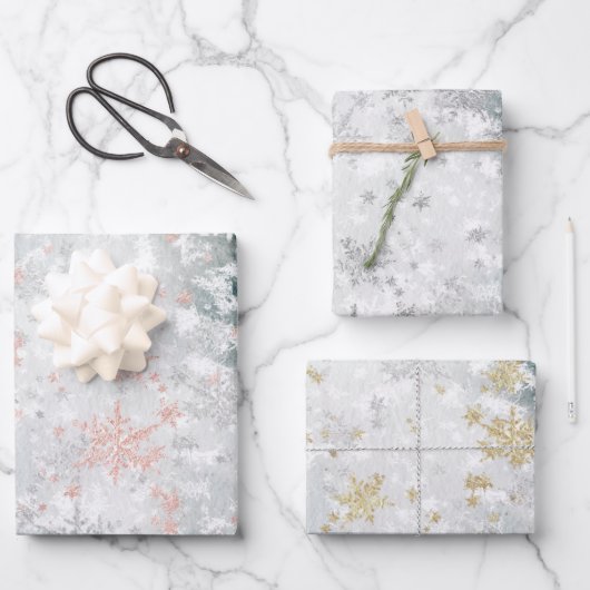 Rosa Gold Silberschneeflocken Frozen Eissee Geschenkpapier Set (Vorderseite)