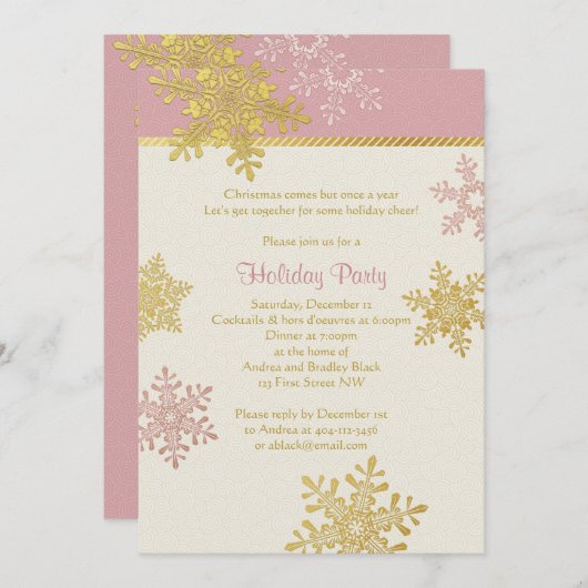 Rosa Gold Snowflakes Winter Weihnachtsfeiertag Einladung (Vorne/Hinten)