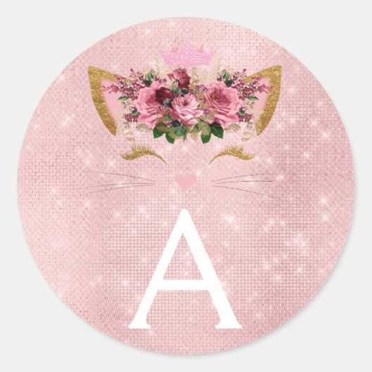 Rosa Gold Sparky Kitty Monogram Birthday Runder Aufkleber (Vorderseite)