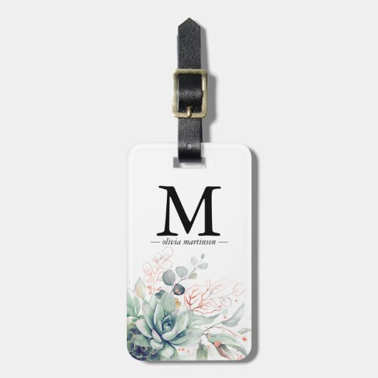 Rosa Gold Sukkulenten Grün Monogramm Gepäckanhänger (Vorderseite vertikal)
