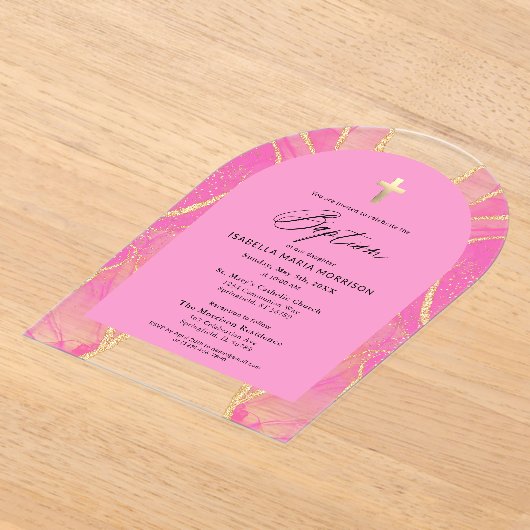 Rosa Gold Taufe Feminine Moderne Elegante Acryleinladungen (Ablage )