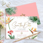 Rosa Gold Tropical Bat Mitzvah Floral Palm Moderne Save The Date<br><div class="desc">Achten Sie darauf, dass alle Ihre Freunde und Verwandten den Meilenstein Ihrer Tochter Bat Mitzvah feiern können! Schicken Sie diese schicke, personalisierte "Save the Date" Anzeigenkarte. Atemberaubende, farbenfrohe, tropische Wasserfarbenvögel paradiesischer Blume, Imitate goldgeschriebene handgeschriebene Drehbücher, Star of David und Glitzer Punkte, zusammen mit der Rose rosa und graue moderne Sans...</div>