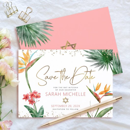 Rosa Gold Tropical Bat Mitzvah Floral Palm Moderne Save The Date